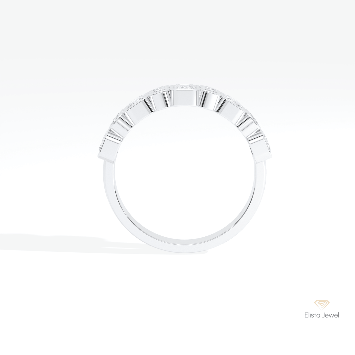Emerald & Round Cut Full Bezel Wedding Lab Grown Diamond Band in 18K White Gold - Close-up View