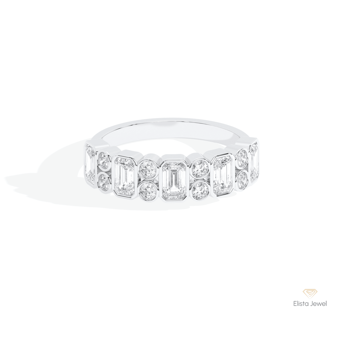 Emerald & Round Cut Full Bezel Wedding Lab Grown Diamond Band in 14K Yellow Gold - Detail View