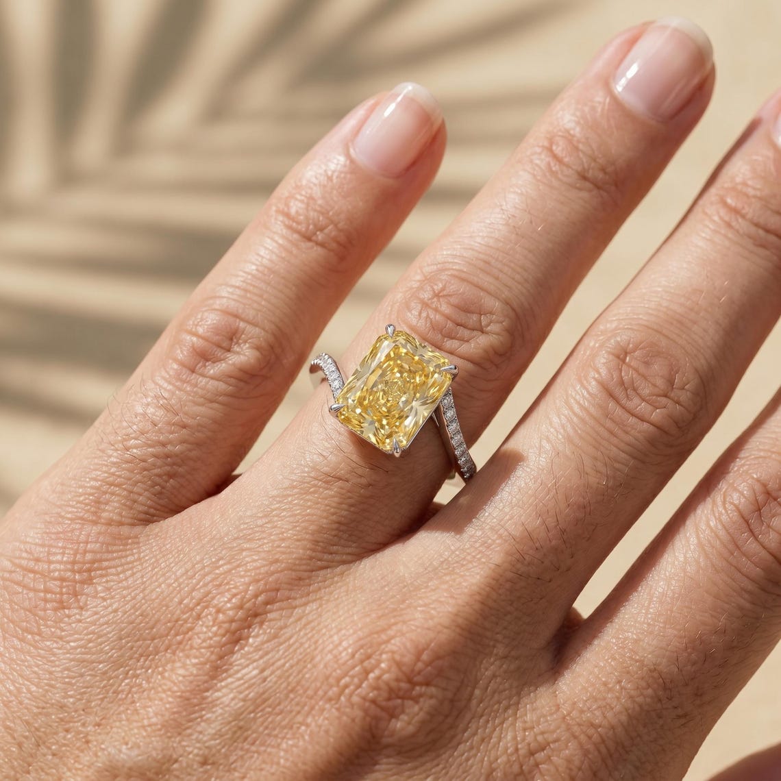 Fancy Yellow Radiant Lab Grown Diamond Bypass Engagement Ring, Modern Statement Cocktail Ring