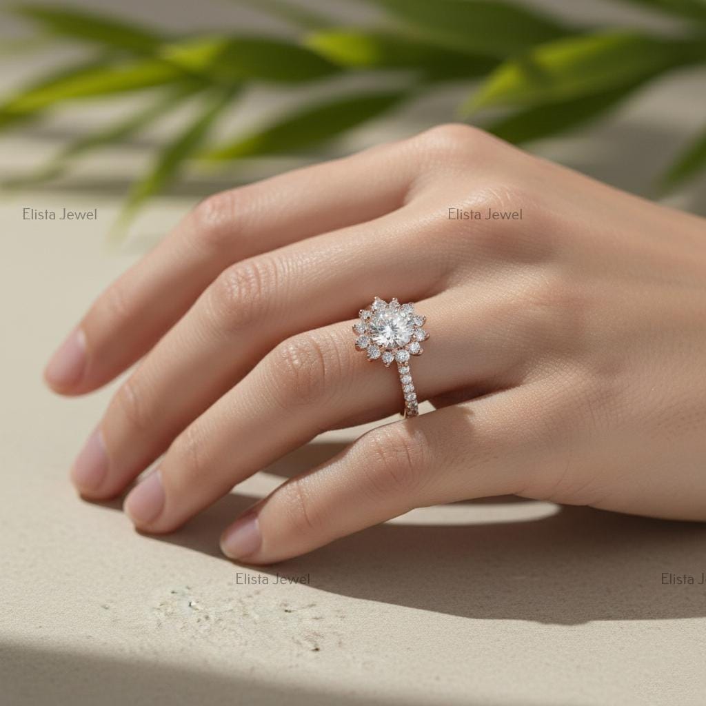 Round Lab-Grown Diamond Floral Cluster Engagement Ring, 14K Rose Gold Halo