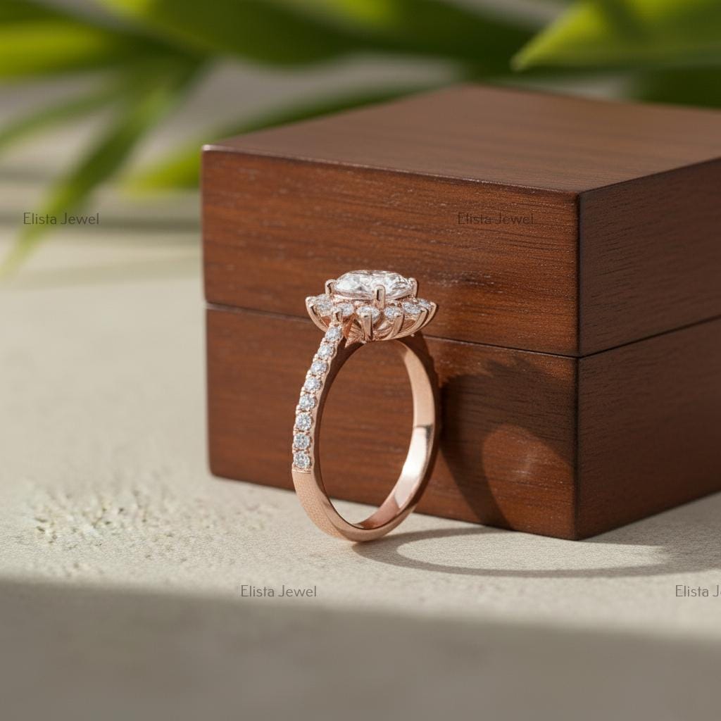Round Lab-Grown Diamond Floral Cluster Engagement Ring, 14K Rose Gold Halo