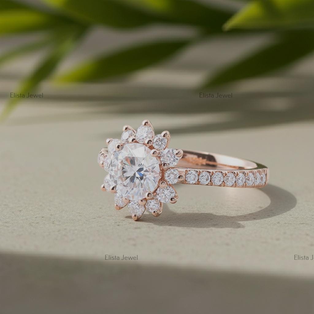 Round Lab-Grown Diamond Floral Cluster Engagement Ring, 14K Rose Gold Halo