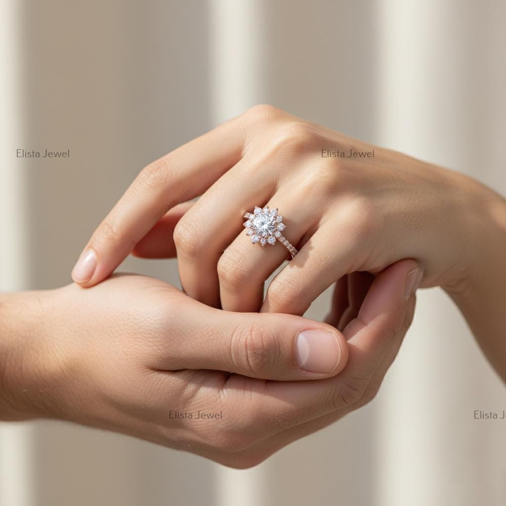 Round Lab-Grown Diamond Floral Cluster Engagement Ring, 14K Rose Gold Halo