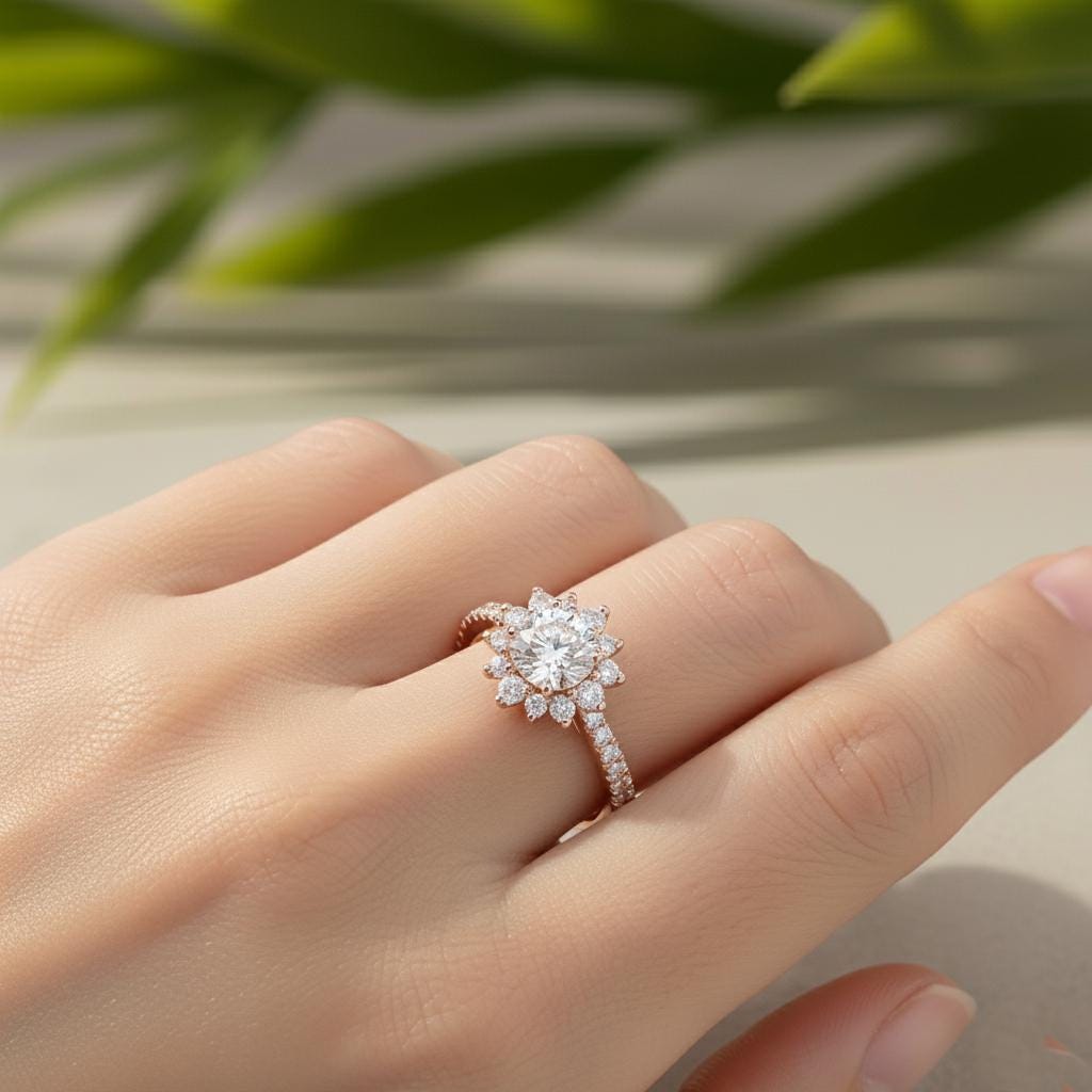 Round Lab-Grown Diamond Floral Cluster Engagement Ring, 14K Rose Gold Halo