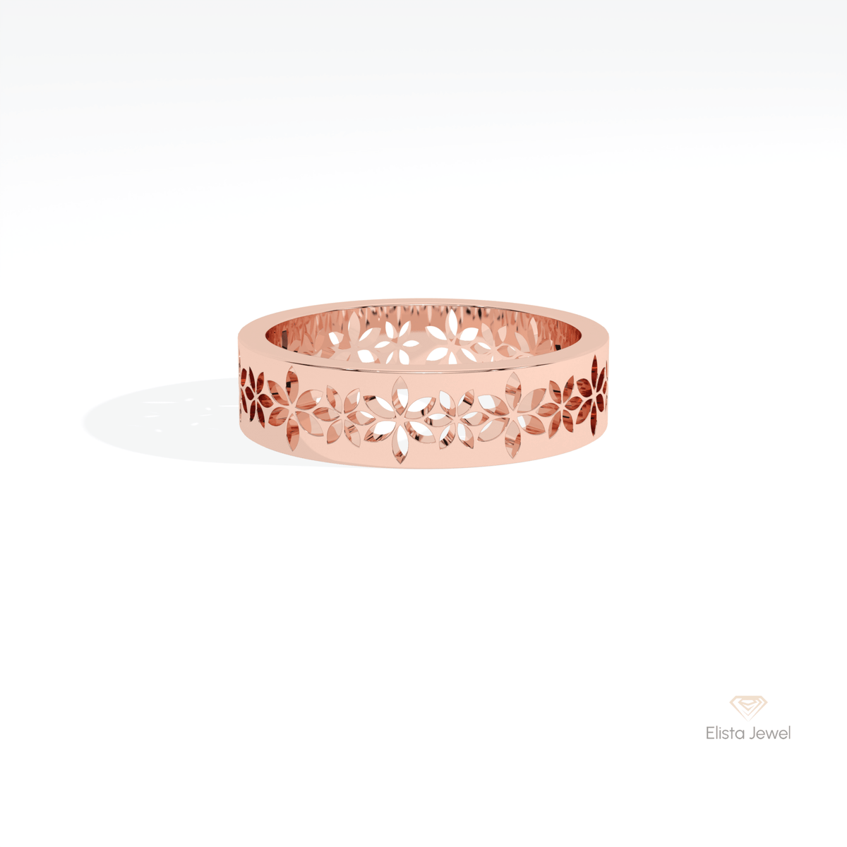 Floral Style Wedding Lab Grown Diamond Band in 18K Rose Gold - Ring on Hand View
