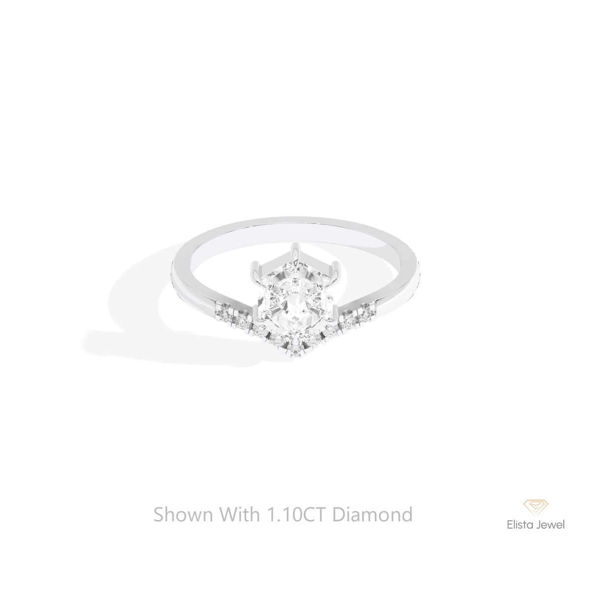 Hexagon Cut Accent Engagement Lab Grown Diamond Ring in 10K White Gold - Front View