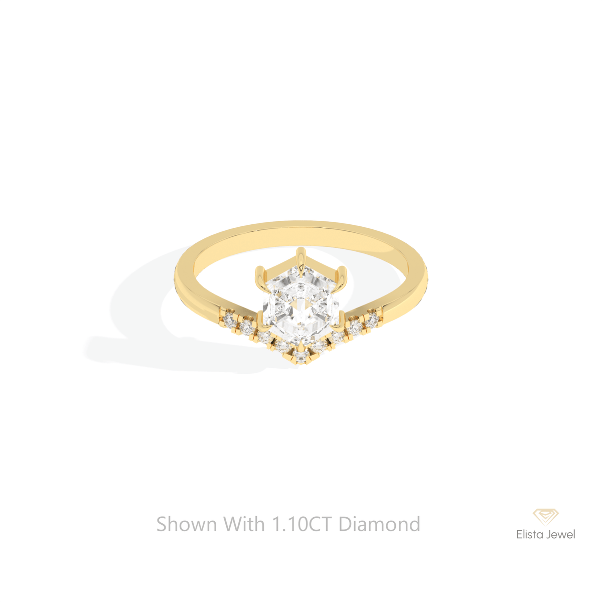 Hexagon Cut Accent Engagement Lab Grown Diamond Ring in 14K Yellow Gold - Detail View