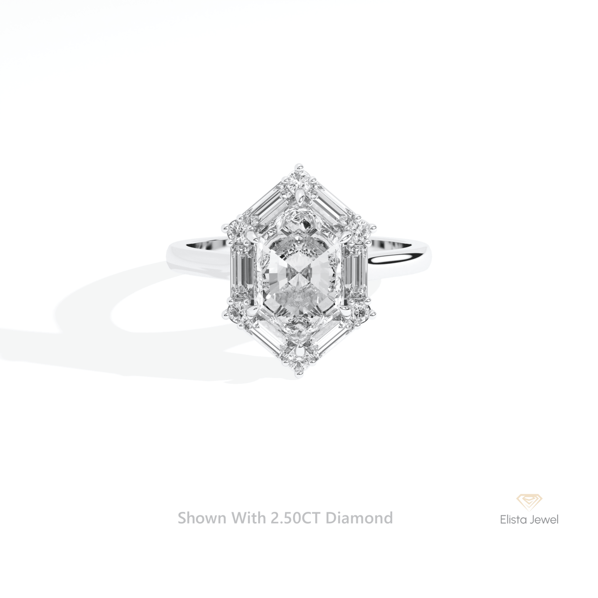 Hexagon Cut Halo Engagement Lab Grown Diamond Ring in 10K White Gold - Front View
