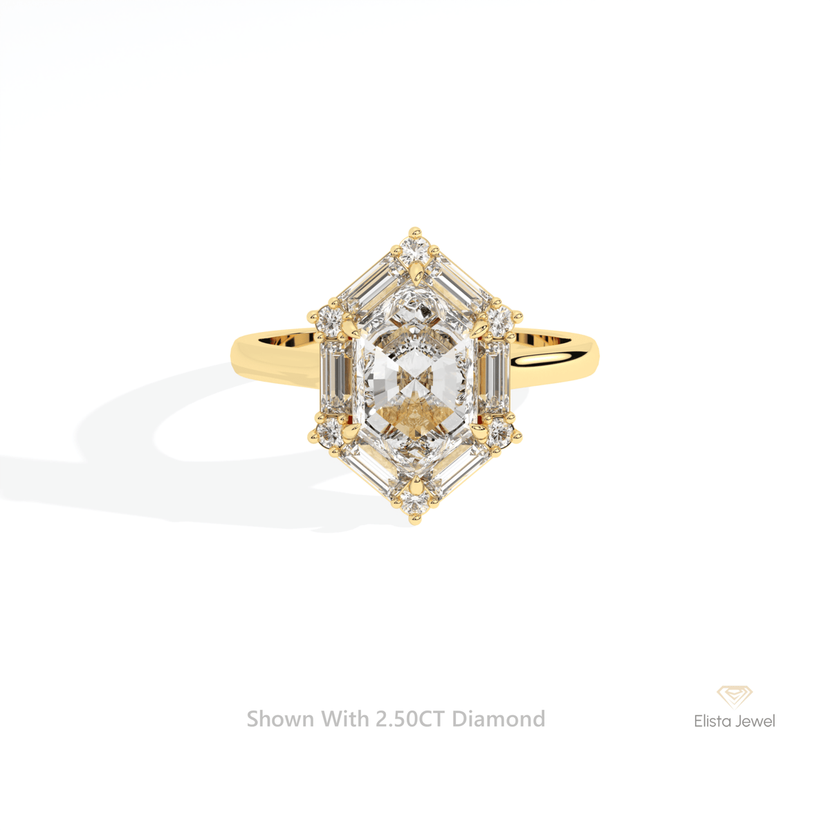 Hexagon Cut Halo Engagement Lab Grown Diamond Ring in 14K Yellow Gold - Detail View