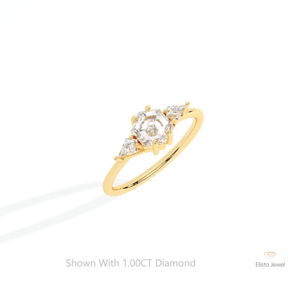 Hexagon Cut Three Stone Lab Grown Diamond Ring in 10K Yellow Gold - Side View
