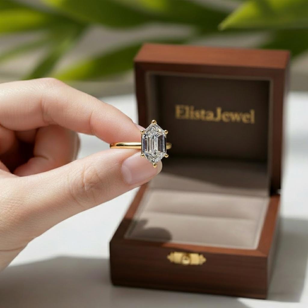 Hexagon Diamond Ring Elongated Lab-Grown, 14K Yellow Gold Minimalist Engagement