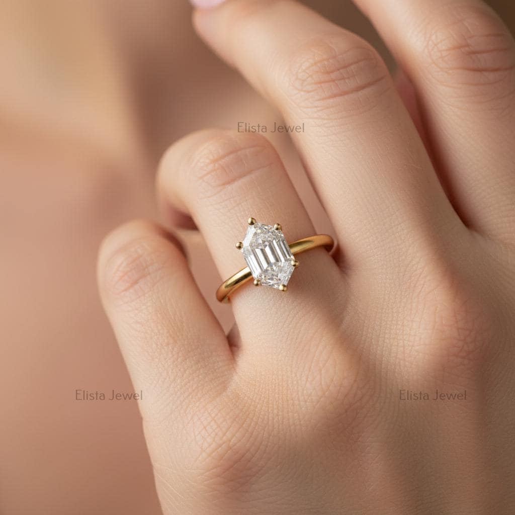 Hexagon Diamond Ring Elongated Lab-Grown, 14K Yellow Gold Minimalist Engagement