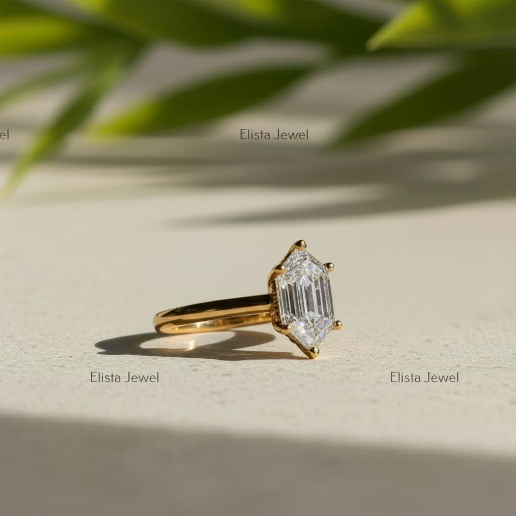 Hexagon Diamond Ring Elongated Lab-Grown, 14K Yellow Gold Minimalist Engagement