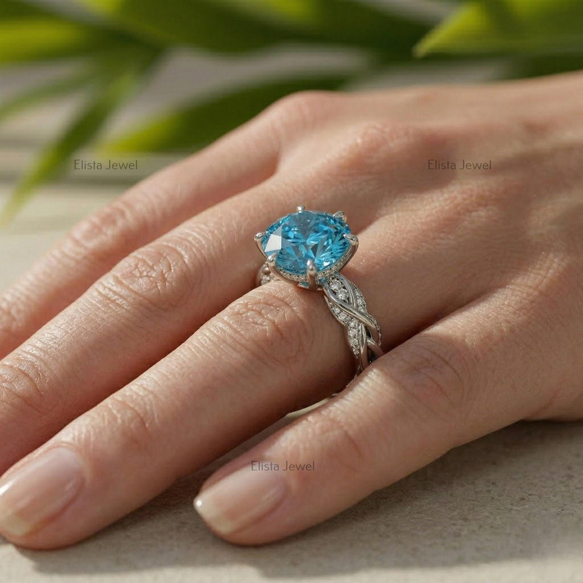 IGI Certified Fancy Blue Round Diamond Engagement Ring, Twisted Pave Band, 14K White Gold
