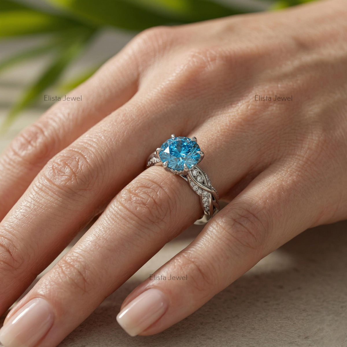 IGI Certified Fancy Blue Round Diamond Engagement Ring, Twisted Pave Band, 14K White Gold