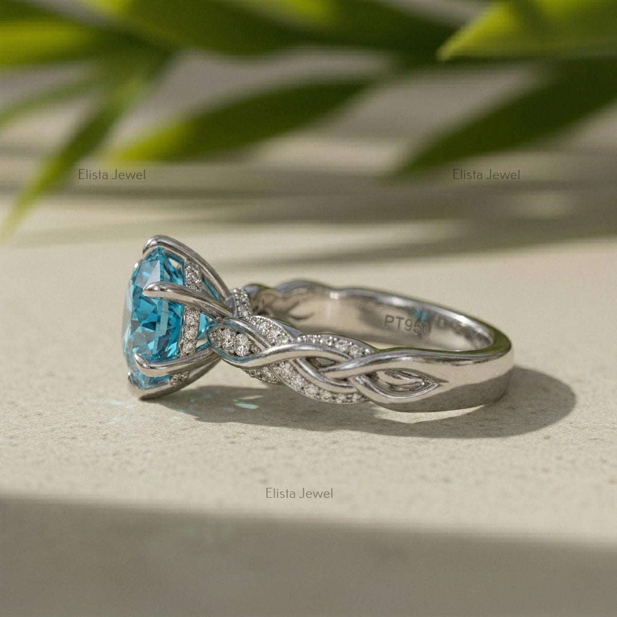 IGI Certified Fancy Blue Round Diamond Engagement Ring, Twisted Pave Band, 14K White Gold
