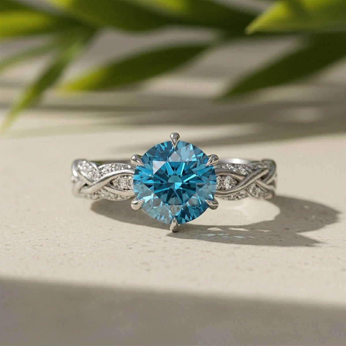 IGI Certified Fancy Blue Round Diamond Engagement Ring, Twisted Pave Band, 14K White Gold