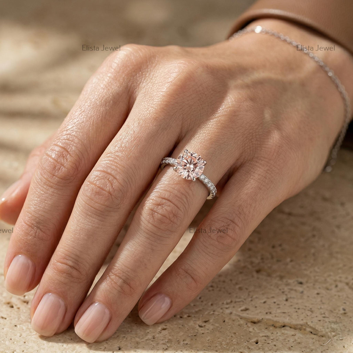 IGI Certified Fancy Peachy-Pink Round Lab Diamond Engagement Ring, Pave Band, 14K White Gold