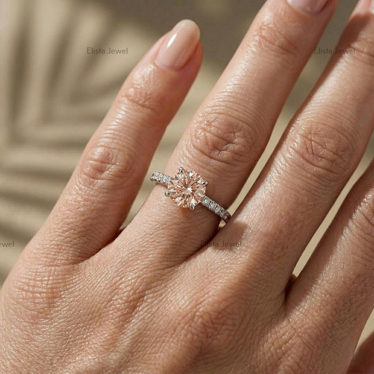 IGI Certified Fancy Peachy-Pink Round Lab Diamond Engagement Ring, Pave Band, 14K White Gold