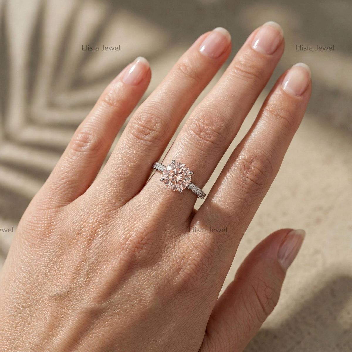 IGI Certified Fancy Peachy-Pink Round Lab Diamond Engagement Ring, Pave Band, 14K White Gold