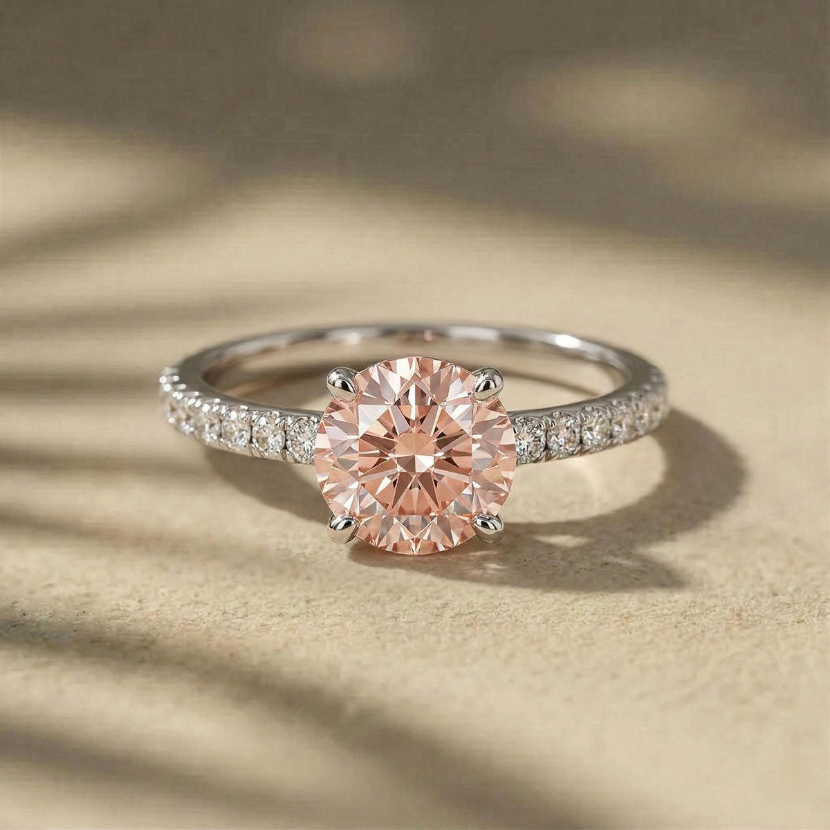 IGI Certified Fancy Peachy-Pink Round Lab Diamond Engagement Ring, Pave Band, 14K White Gold