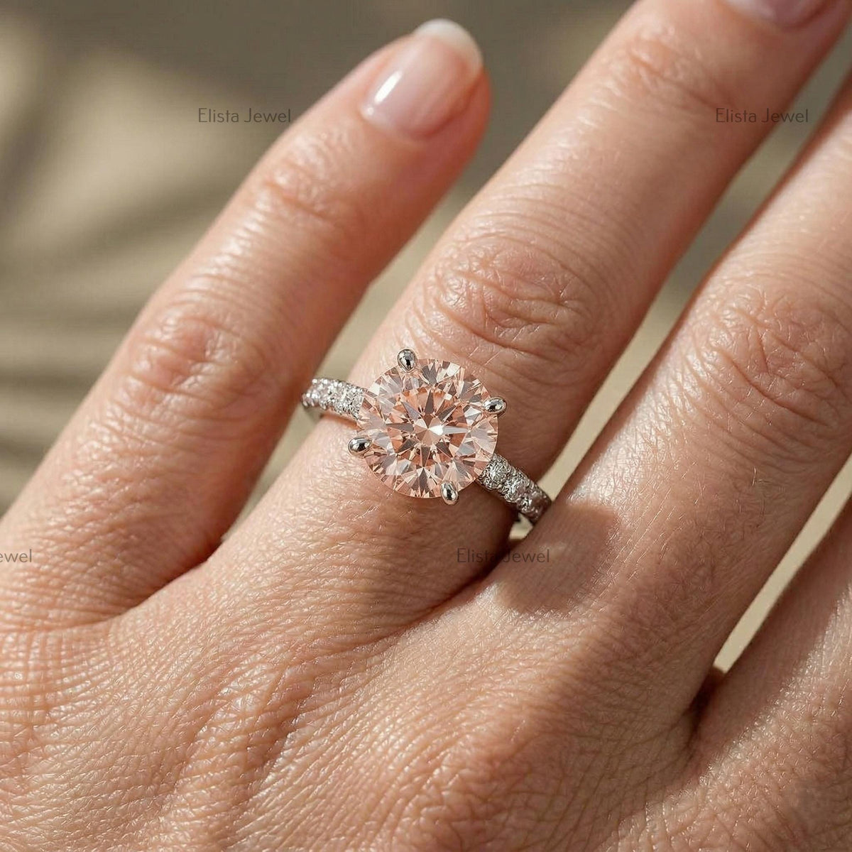 IGI Certified Fancy Peachy-Pink Round Lab Diamond Engagement Ring, Pave Band, 14K White Gold