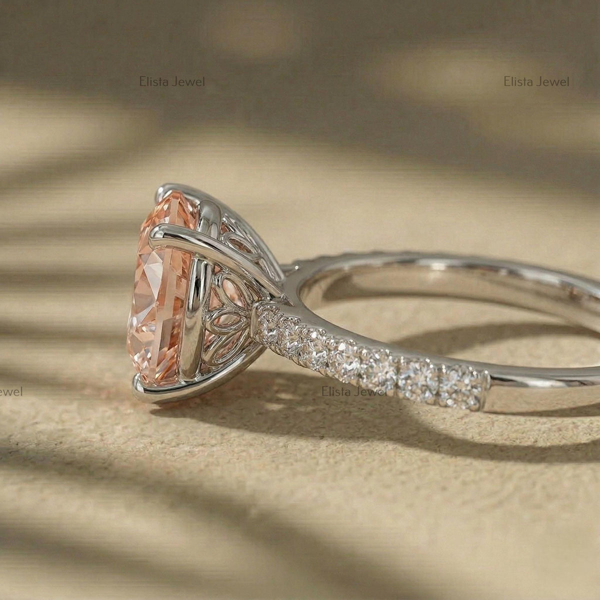 IGI Certified Fancy Peachy-Pink Round Lab Diamond Engagement Ring, Pave Band, 14K White Gold