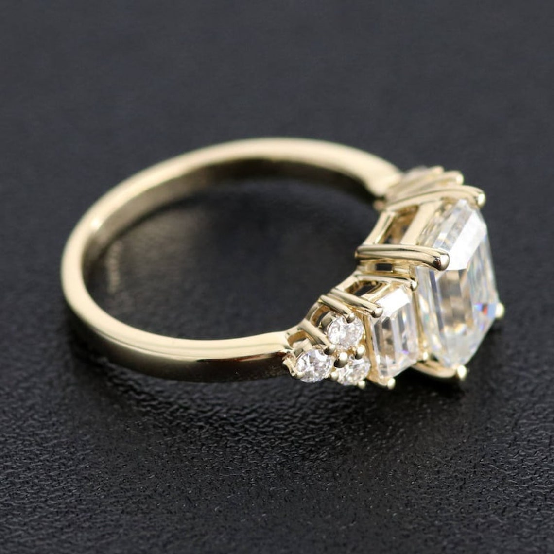 3 Stone Certified Emerald Cut Art Deco Lab Grown Diamond Engagement Ring, 14K Gold Dainty Unique Bridal Wedding Ring, Antique Promise Ring