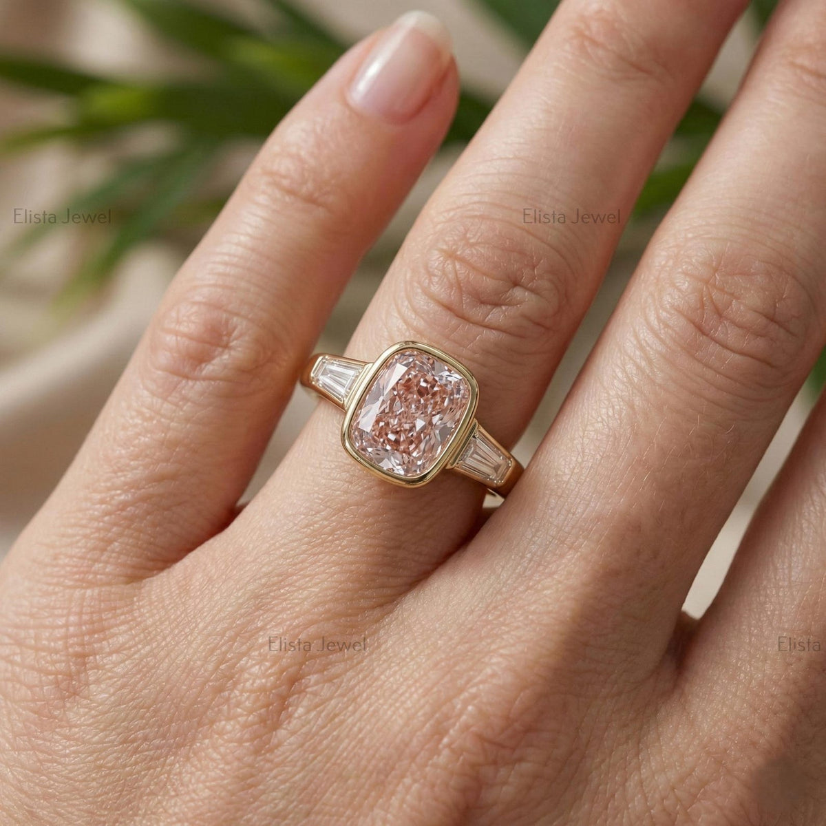 Cushion Lab Grown Pink Diamond Engagement Ring, 14K Yellow Gold Baguette Ring