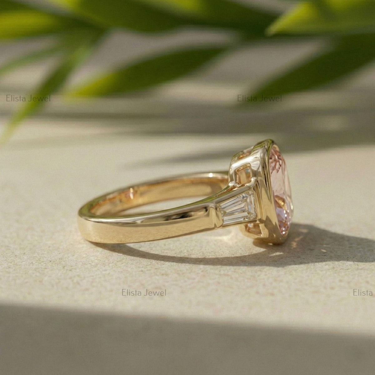 Cushion Lab Grown Pink Diamond Engagement Ring, 14K Yellow Gold Baguette Ring
