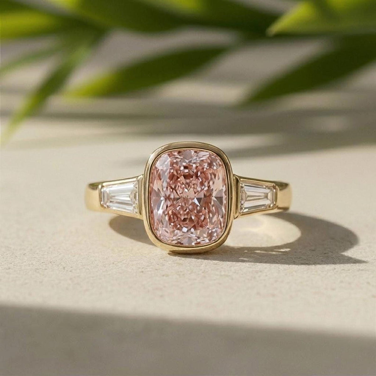 Cushion Lab Grown Pink Diamond Engagement Ring, 14K Yellow Gold Baguette Ring