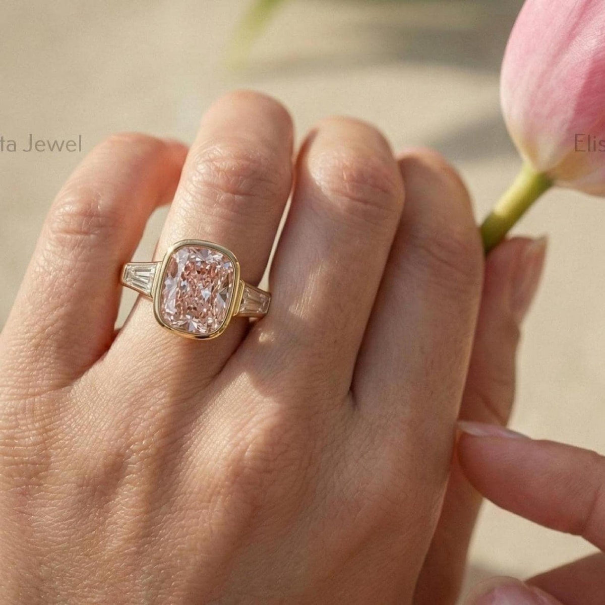 Cushion Lab Grown Pink Diamond Engagement Ring, 14K Yellow Gold Baguette Ring