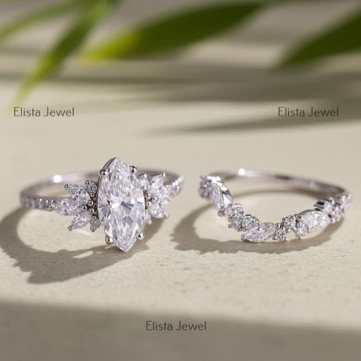 Bridal Set Marquise Lab-Grown Diamond Engagement Ring 14K White Gold Cluster Band