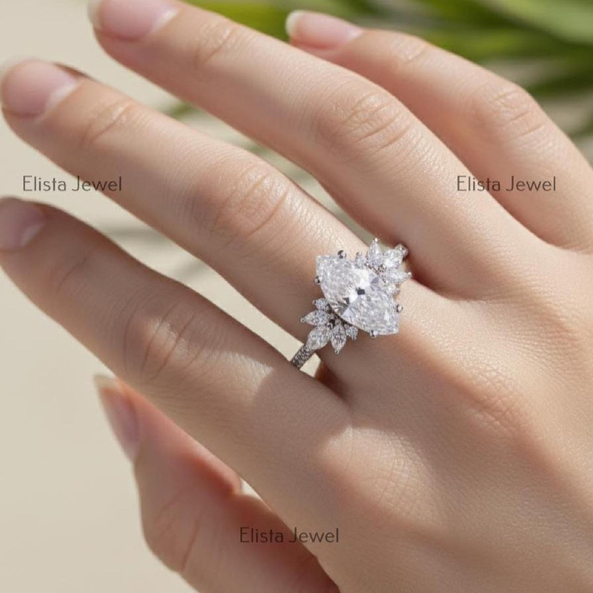 Bridal Set Marquise Lab-Grown Diamond Engagement Ring 14K White Gold Cluster Band