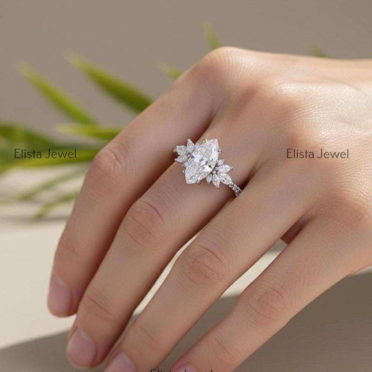 Bridal Set Marquise Lab-Grown Diamond Engagement Ring 14K White Gold Cluster Band