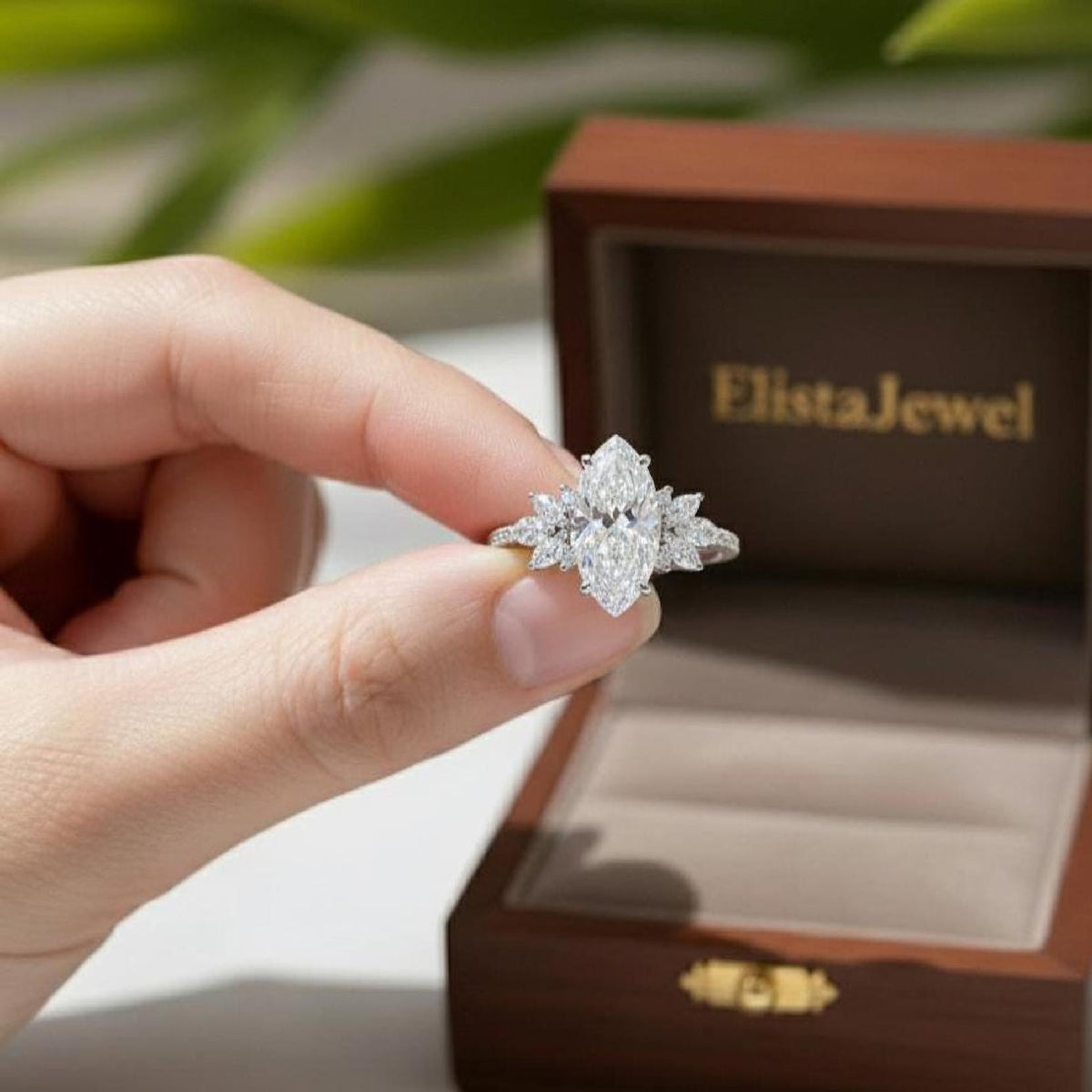 Bridal Set Marquise Lab-Grown Diamond Engagement Ring 14K White Gold Cluster Band