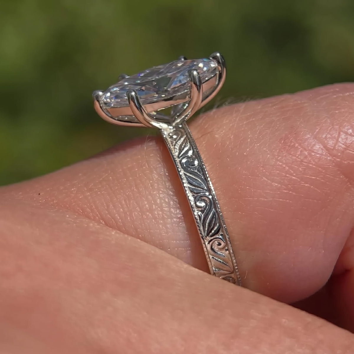 Marquise Lab-Grown Diamond Solitaire Engagement Ring, 14K White Gold Vintage Engraved Six Prong