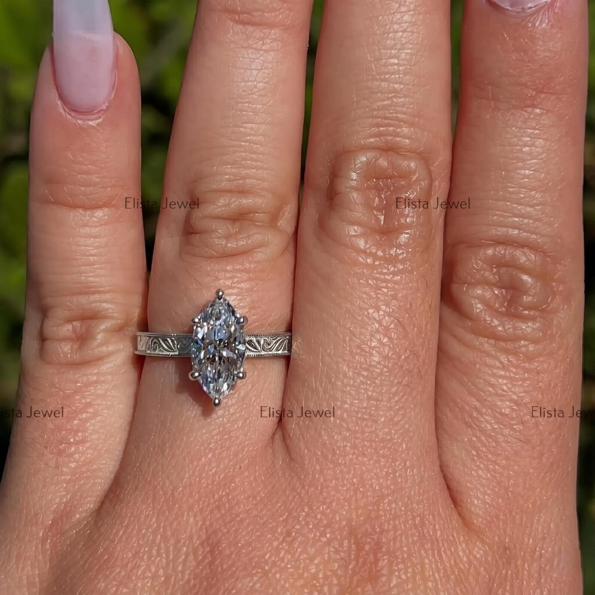 Marquise Lab-Grown Diamond Solitaire Engagement Ring, 14K White Gold Vintage Engraved Six Prong