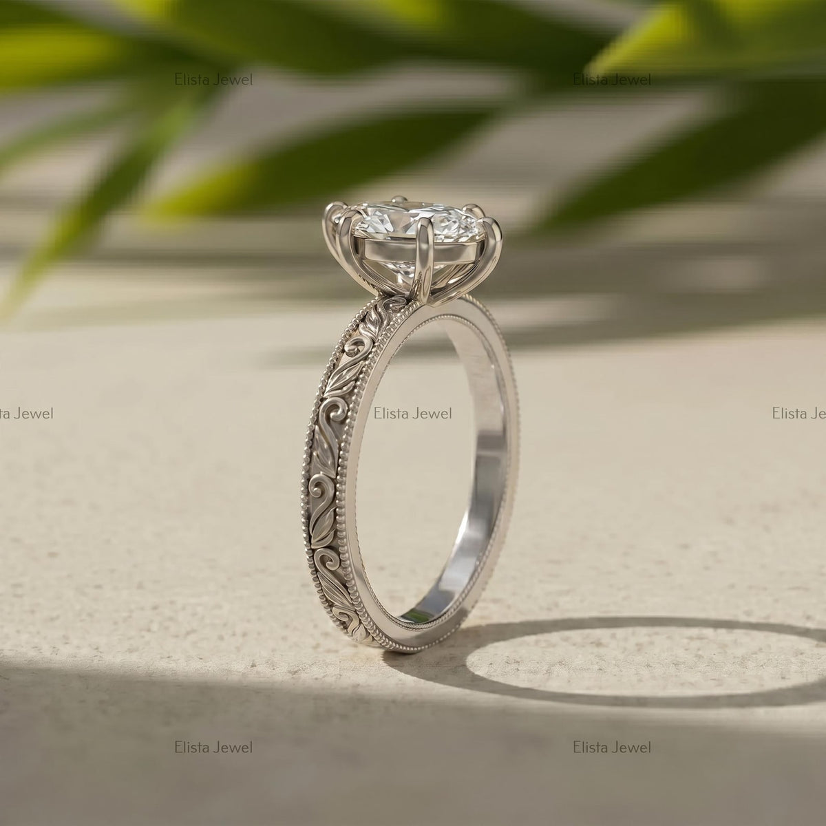 Marquise Lab-Grown Diamond Solitaire Engagement Ring, 14K White Gold Vintage Engraved Six Prong