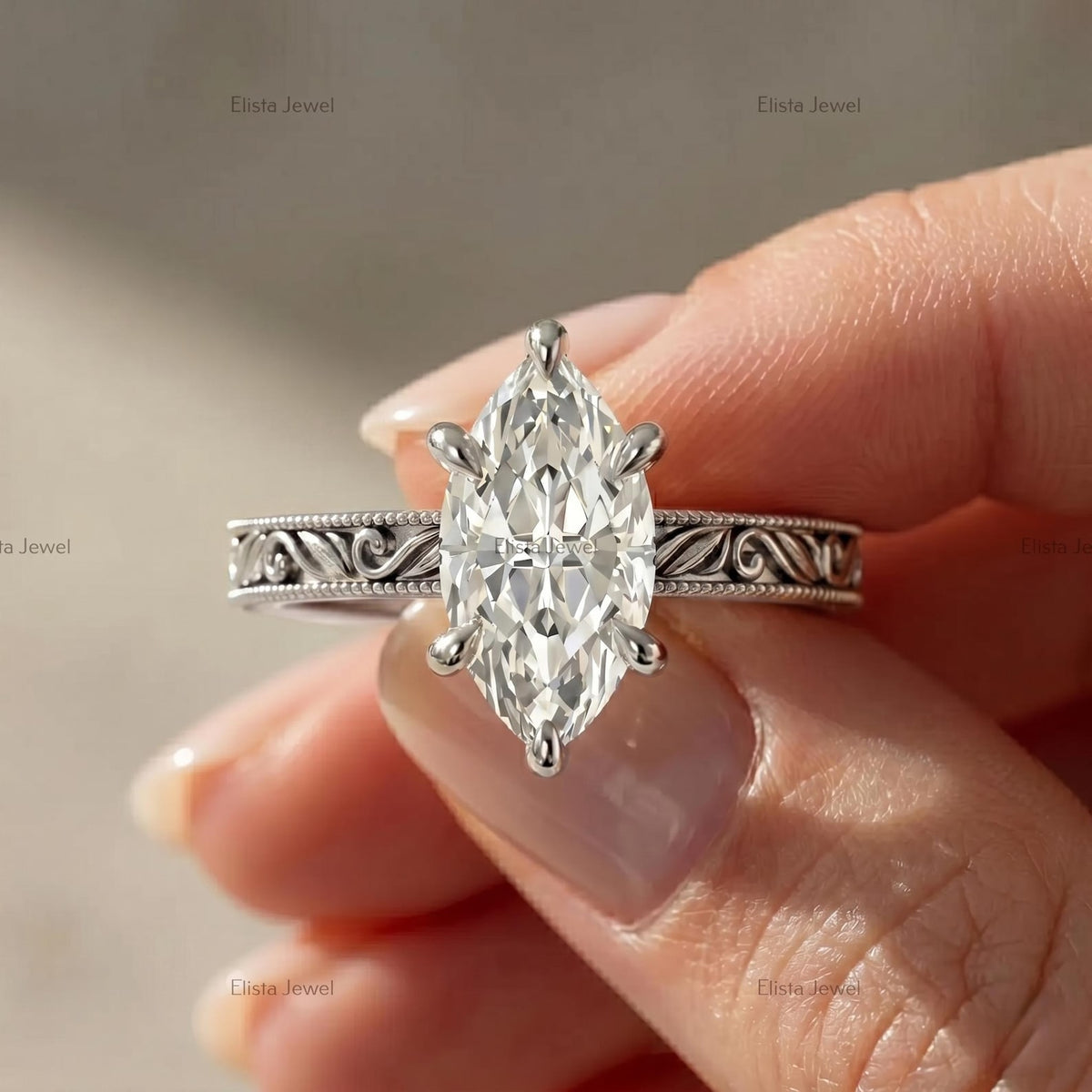 Marquise Lab-Grown Diamond Solitaire Engagement Ring, 14K White Gold Vintage Engraved Six Prong