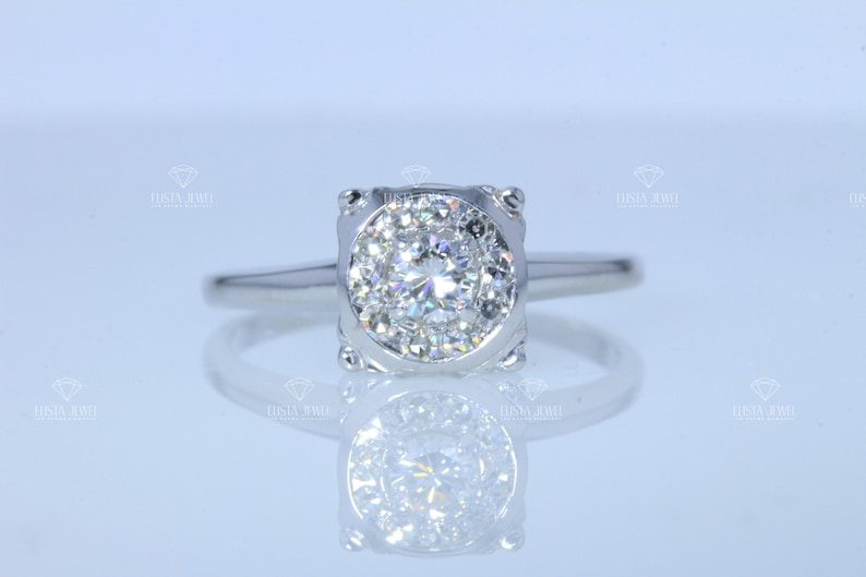 Round Brilliant Lab Grown Diamond Engagement Ring/Round CVD Diamond Bezel Ring/10K White Gold Bridal Ring/Valentine Gifts For Her