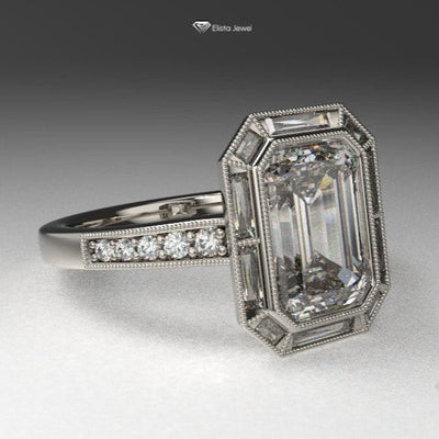 Emerald Cut Halo Art Deco Ring