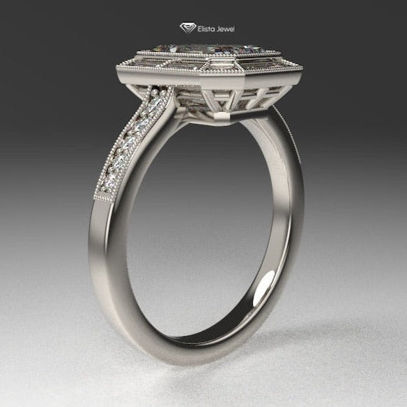 Emerald Cut Halo Art Deco Ring