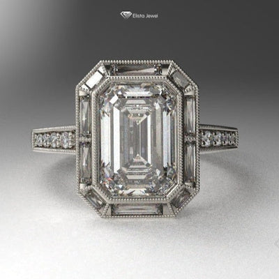 Emerald Cut Halo Art Deco Ring