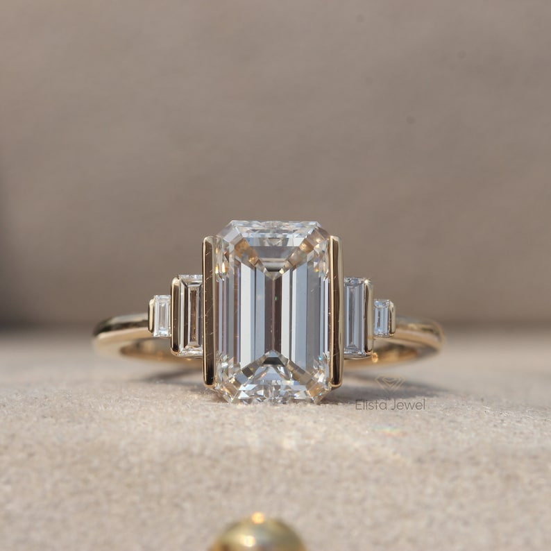 2.50CT Emerald Cut Lab Grown Diamond Bar Set Five Stone Engagement Ring