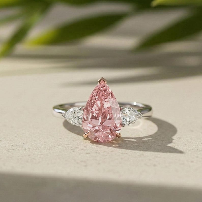 Pink Pear Lab Diamond Three Stone Ring, Two-Tone Engagement