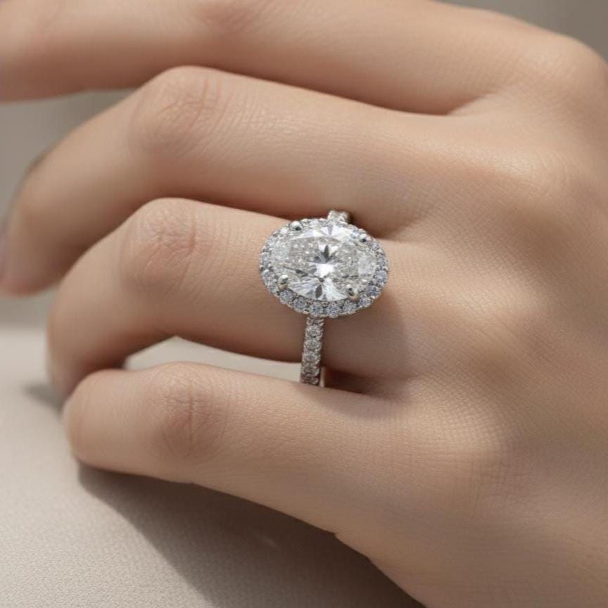 Oval Lab-Grown Diamond Halo Engagement Ring in 14K Solid White Gold