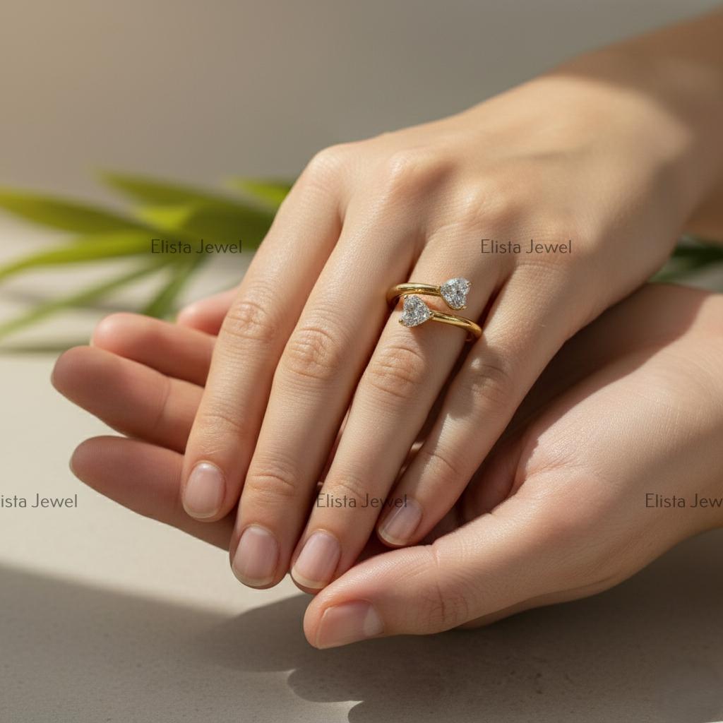 Heart Lab-Grown Diamond Toi et Moi Ring, 14K Yellow Gold Bypass Ring