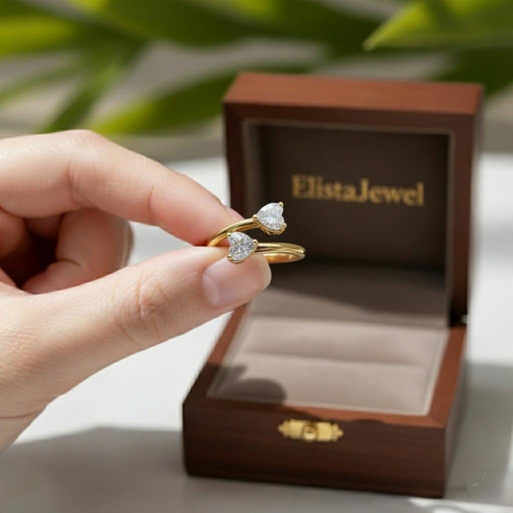 Heart Lab-Grown Diamond Toi et Moi Ring, 14K Yellow Gold Bypass Ring