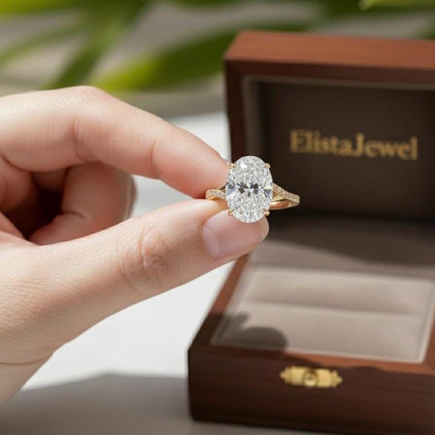 Oval Lab Grown Diamond Engagement Ring, 14K Yellow Gold Pavé Split Shank